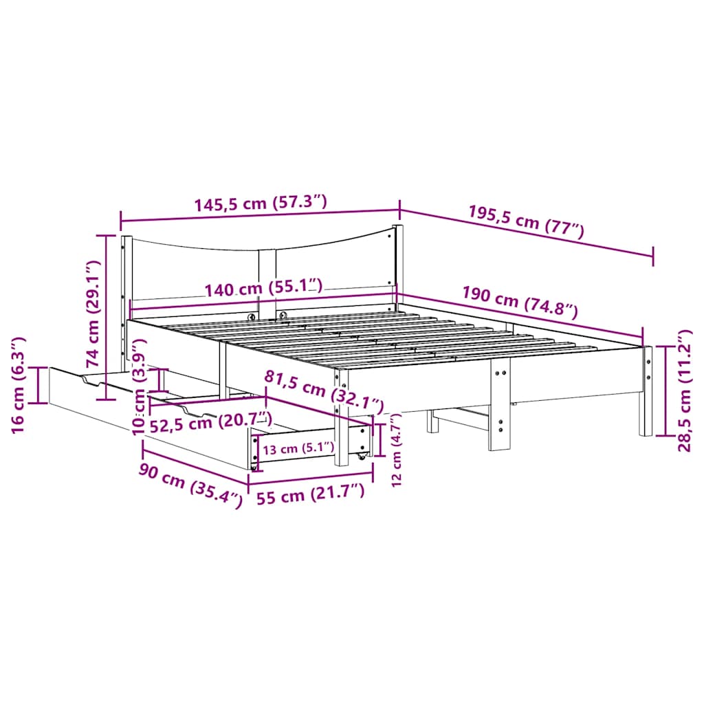 Cadre de lit avec tiroirs 140x190 cm bois de pin massif