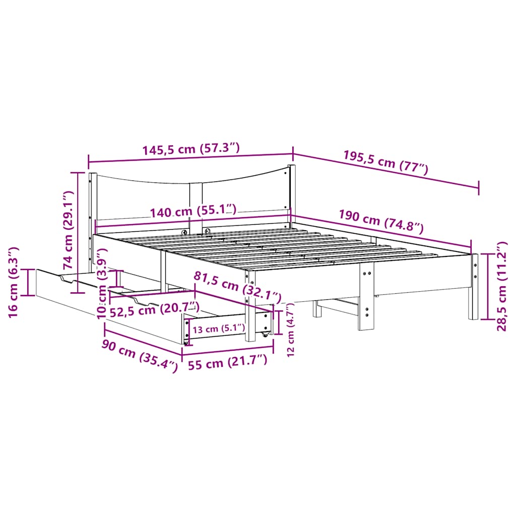 Cadre de lit avec tiroirs blanc 140x190 cm bois de pin massif