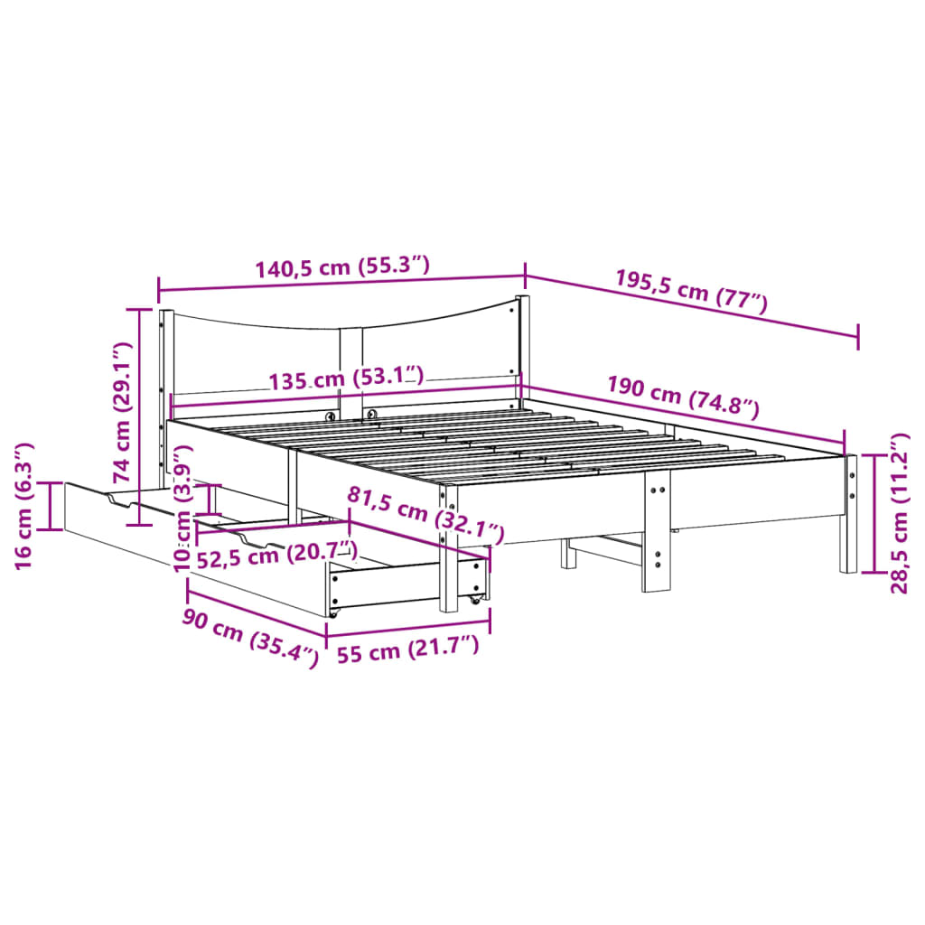 Cadre de lit avec tiroirs blanc 135x190 cm bois de pin massif