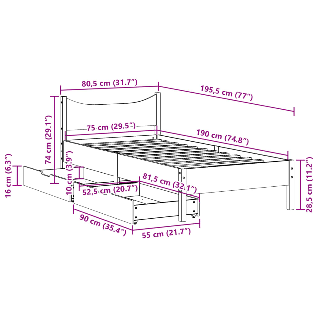 Cadre de lit avec tiroirs 75x190 cm bois de pin massif