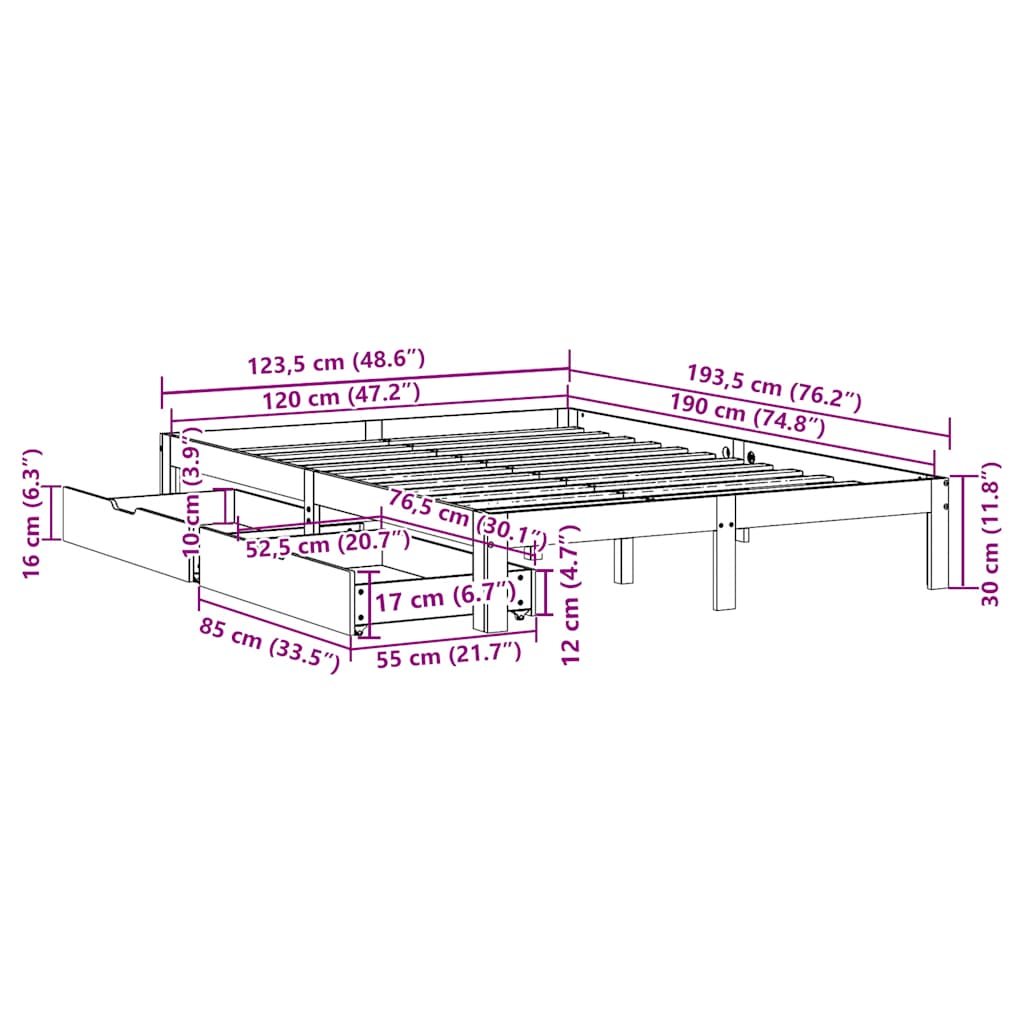 Cadre de lit avec tiroirs sans matelas blanc 120x190 cm