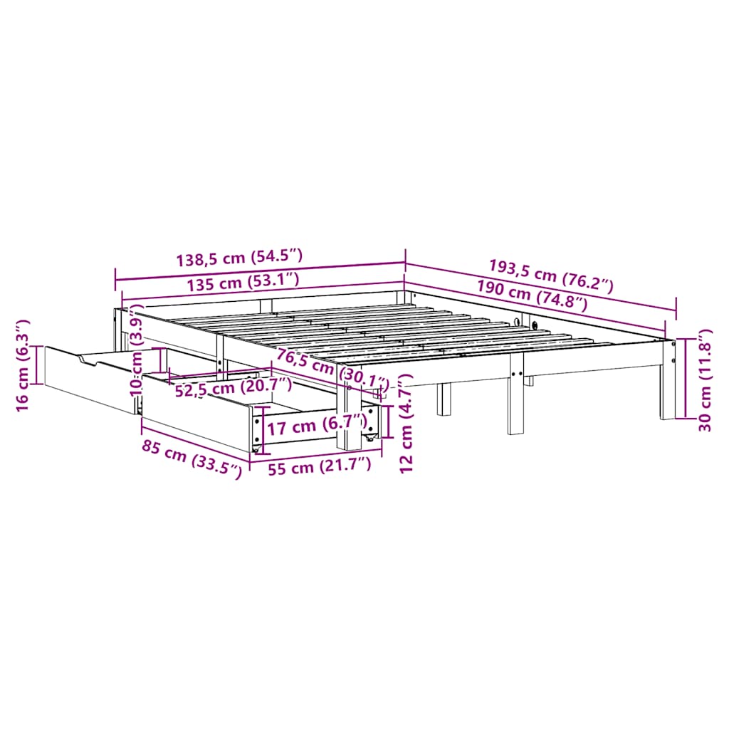 Cadre de lit avec tiroirs sans matelas 135x190 cm