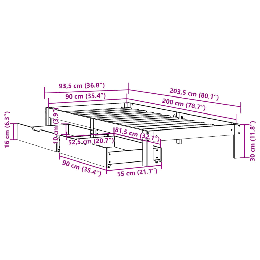 Cadre de lit avec tiroirs sans matelas 90x200 cm