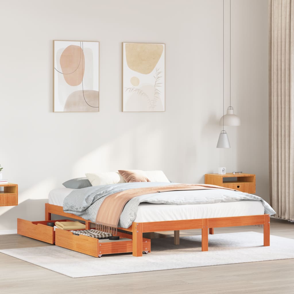 Cadre de lit avec tiroirs sans matelas cire marron 120x190 cm