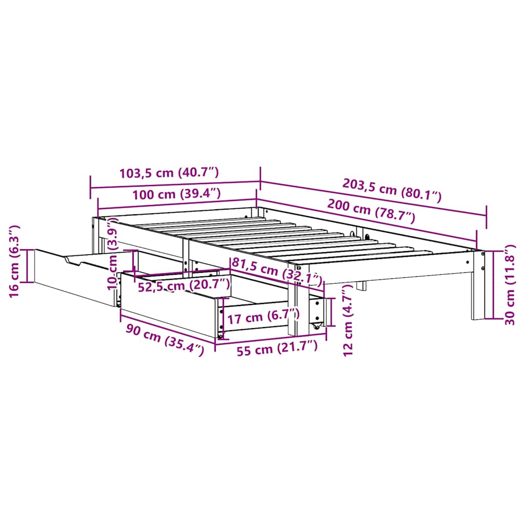 Cadre de lit avec tiroirs sans matelas cire marron 100x200 cm