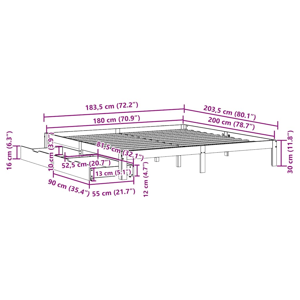 Cadre de lit avec tiroirs sans matelas cire marron 180x200 cm