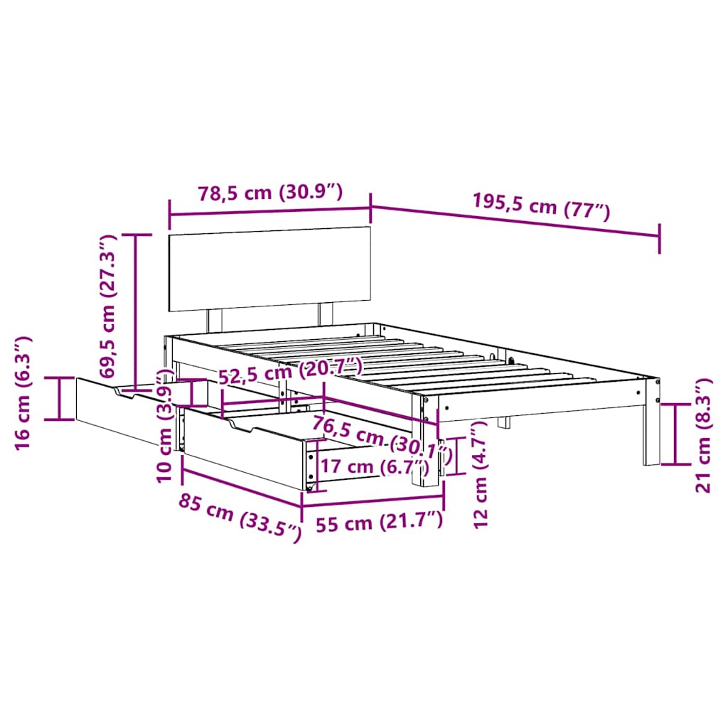 Cadre de lit avec tiroirs sans matelas blanc 75x190 cm