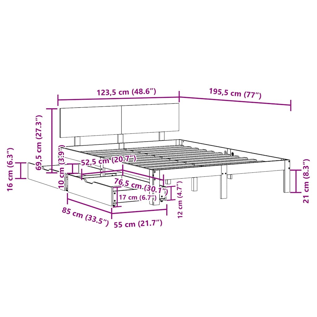 Cadre de lit avec tiroirs sans matelas 120x190 cm