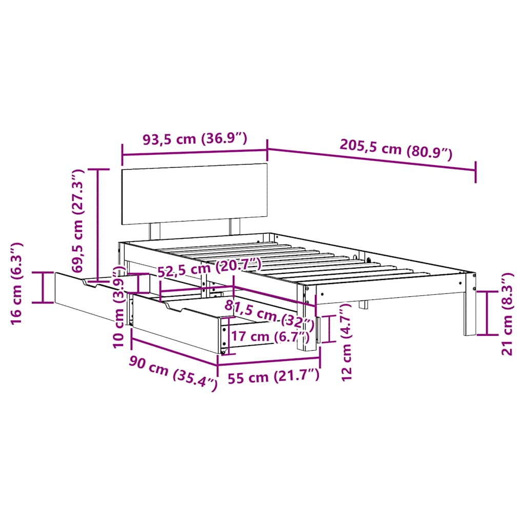 Cadre de lit avec tiroirs sans matelas blanc 90x200 cm