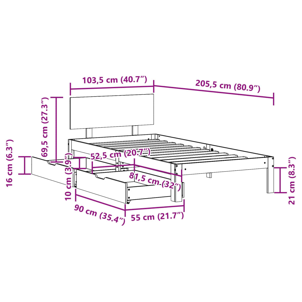 Cadre de lit avec tiroirs sans matelas 100x200 cm