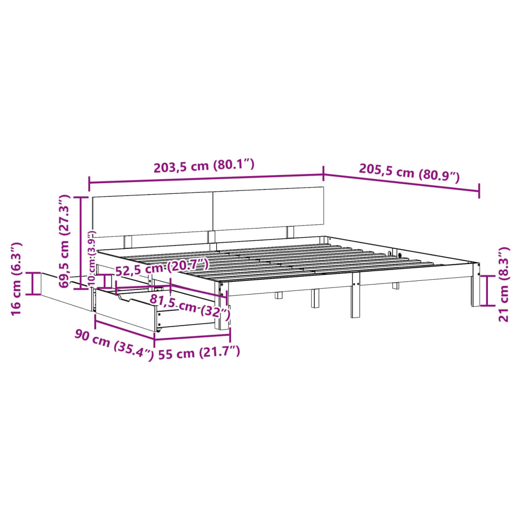 Cadre de lit avec tiroirs sans matelas 200x200 cm