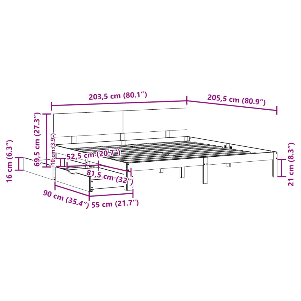 Cadre de lit avec tiroirs sans matelas blanc 200x200 cm