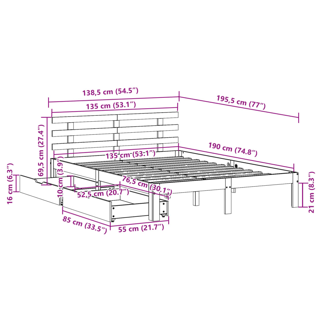 Cadre de lit avec tiroirs sans matelas 135x190 cm