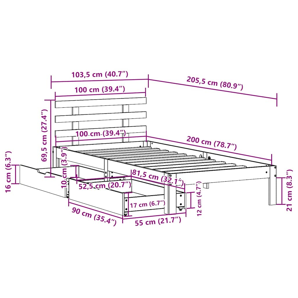 Cadre de lit avec tiroirs sans matelas 100x200 cm