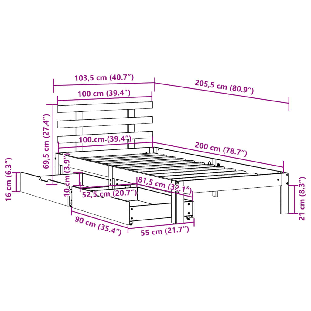 Cadre de lit avec tiroirs sans matelas blanc 100x200 cm