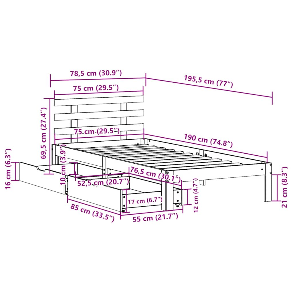 Bettgestell mit Schubladen ohne Matratze, braunes Wachs, 75 x 190 cm