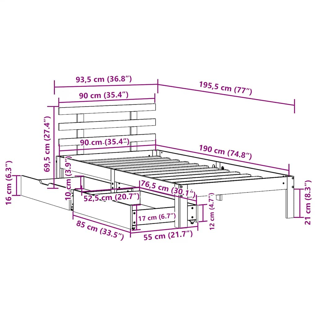 Cadre de lit avec tiroirs sans matelas cire marron 90x190 cm