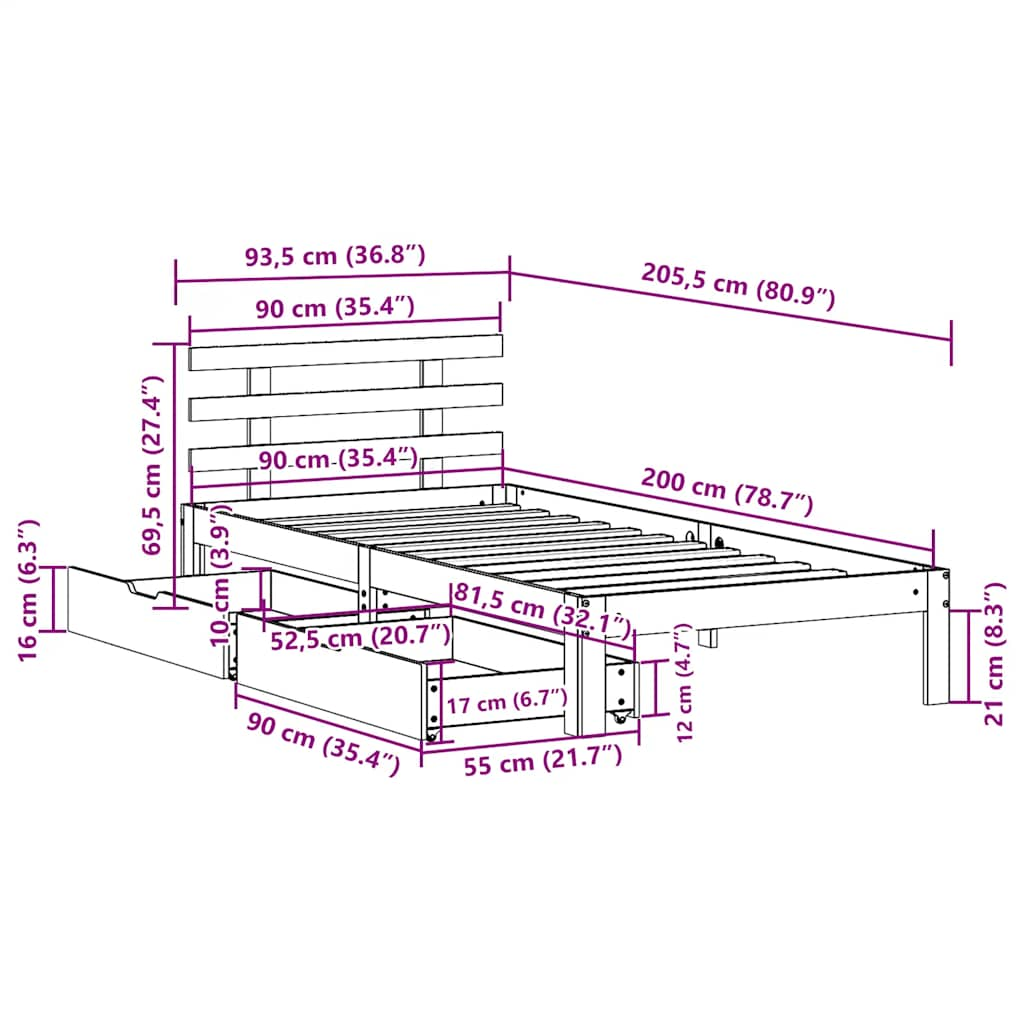 Bettgestell mit Schubladen ohne Matratze, braunes Wachs, 90 x 200 cm