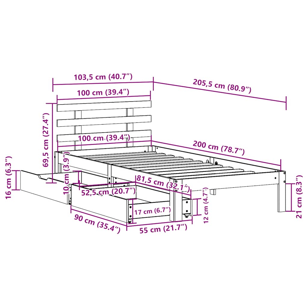 Bettgestell mit Schubladen ohne Matratze, braunes Wachs, 100 x 200 cm