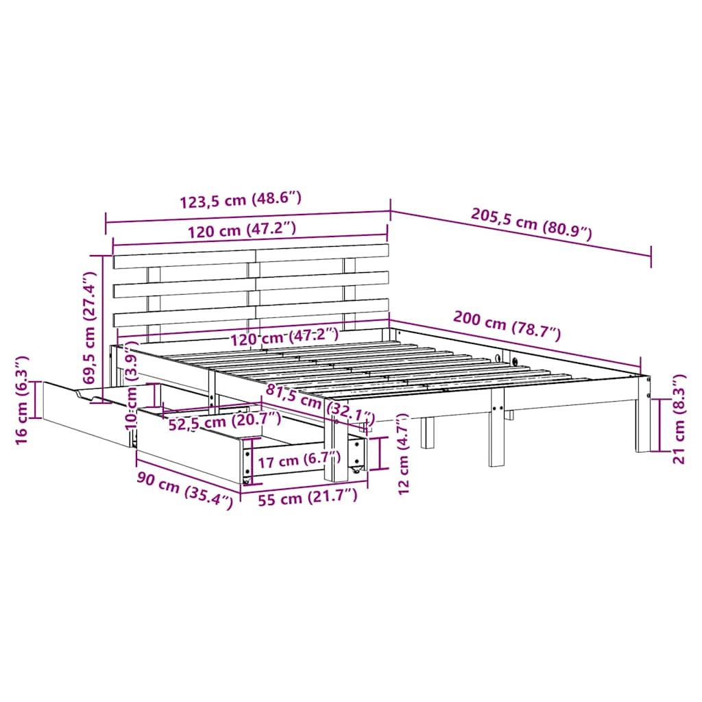 Bettgestell mit Schubladen ohne Matratze, braunes Wachs, 120 x 200 cm