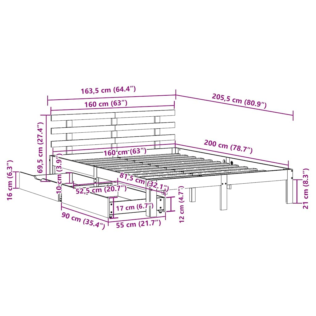 Bettgestell mit Schubladen ohne Matratze, braunes Wachs, 160 x 200 cm