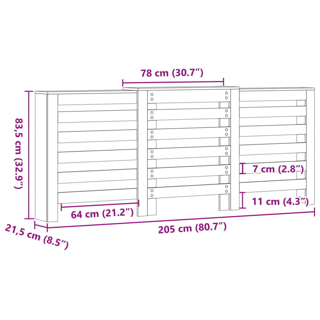 White radiator cover 205x21.5x83.5 cm engineered wood