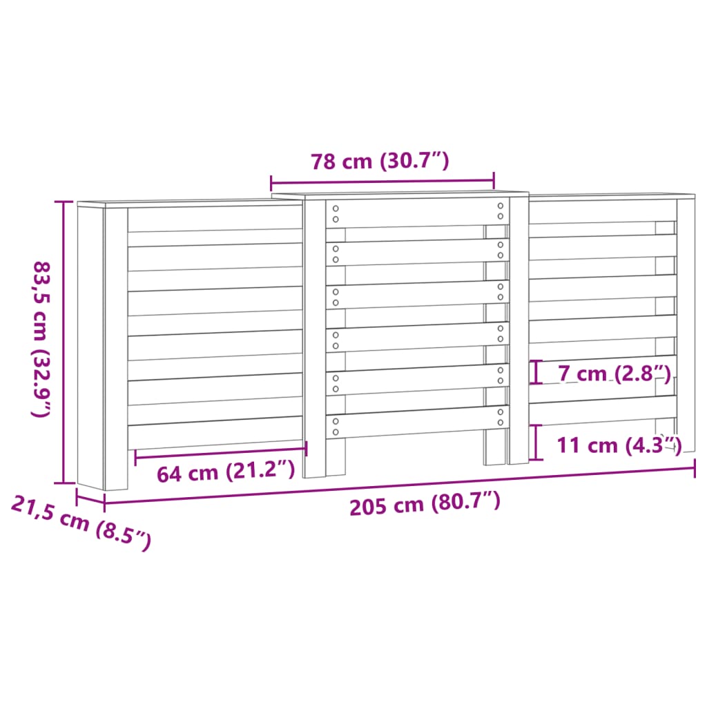 Schwarze Heizkörperabdeckung 205 x 21,5 x 83,5 cm, Holzwerkstoff