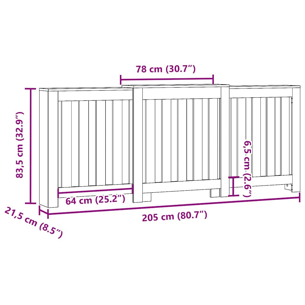 White radiator cover 205x21.5x83.5 cm engineered wood