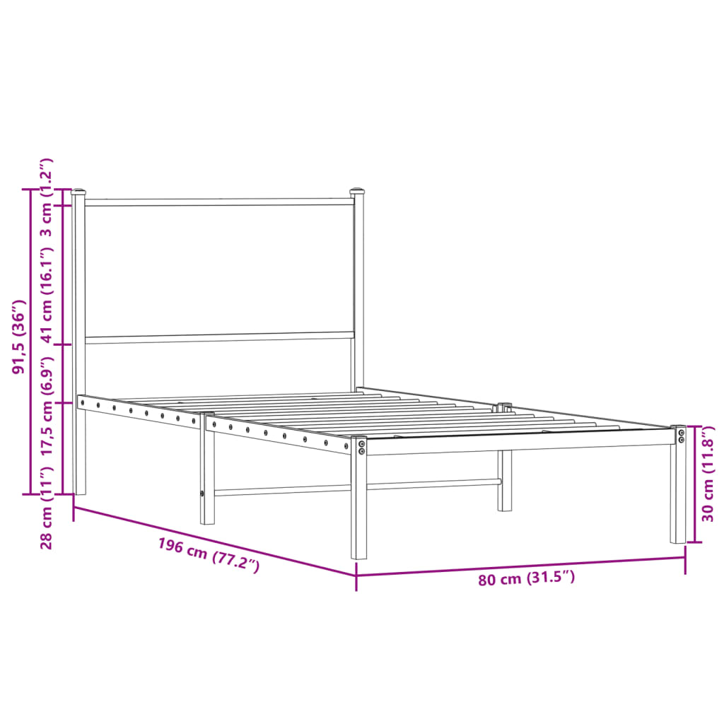 Metal bed frame without mattress smoked oak 75x190 cm