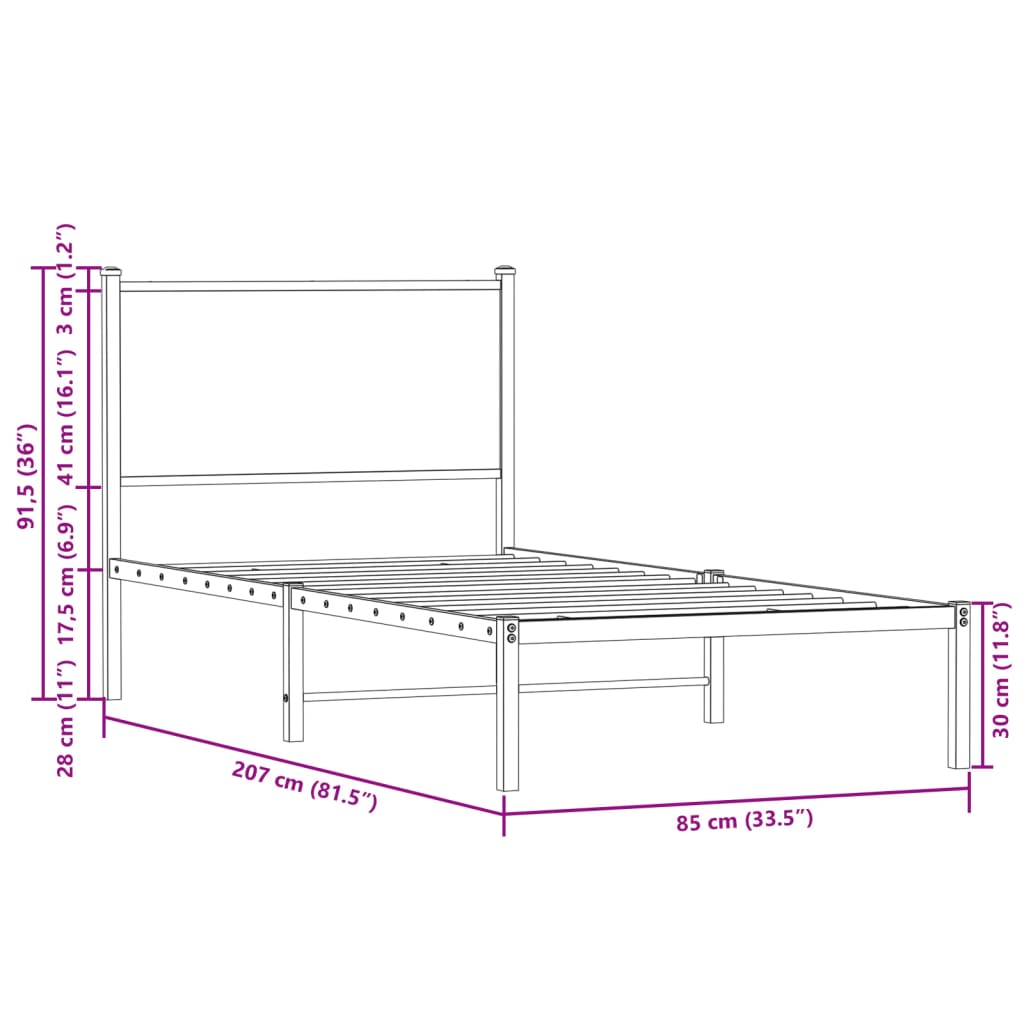 Metallbettgestell ohne Matratze, Räuchereiche 80x200 cm