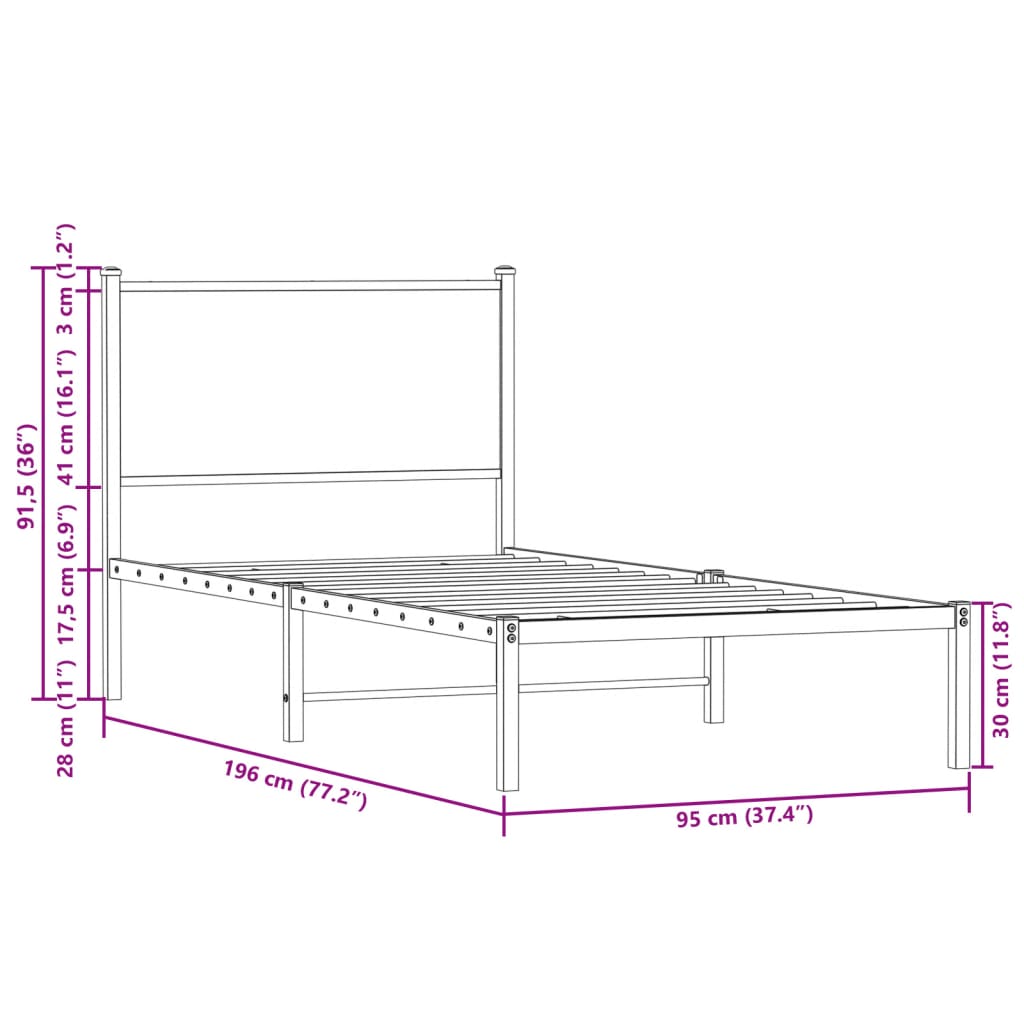 Cadre de lit en métal sans matelas chêne fumé 90x190 cm