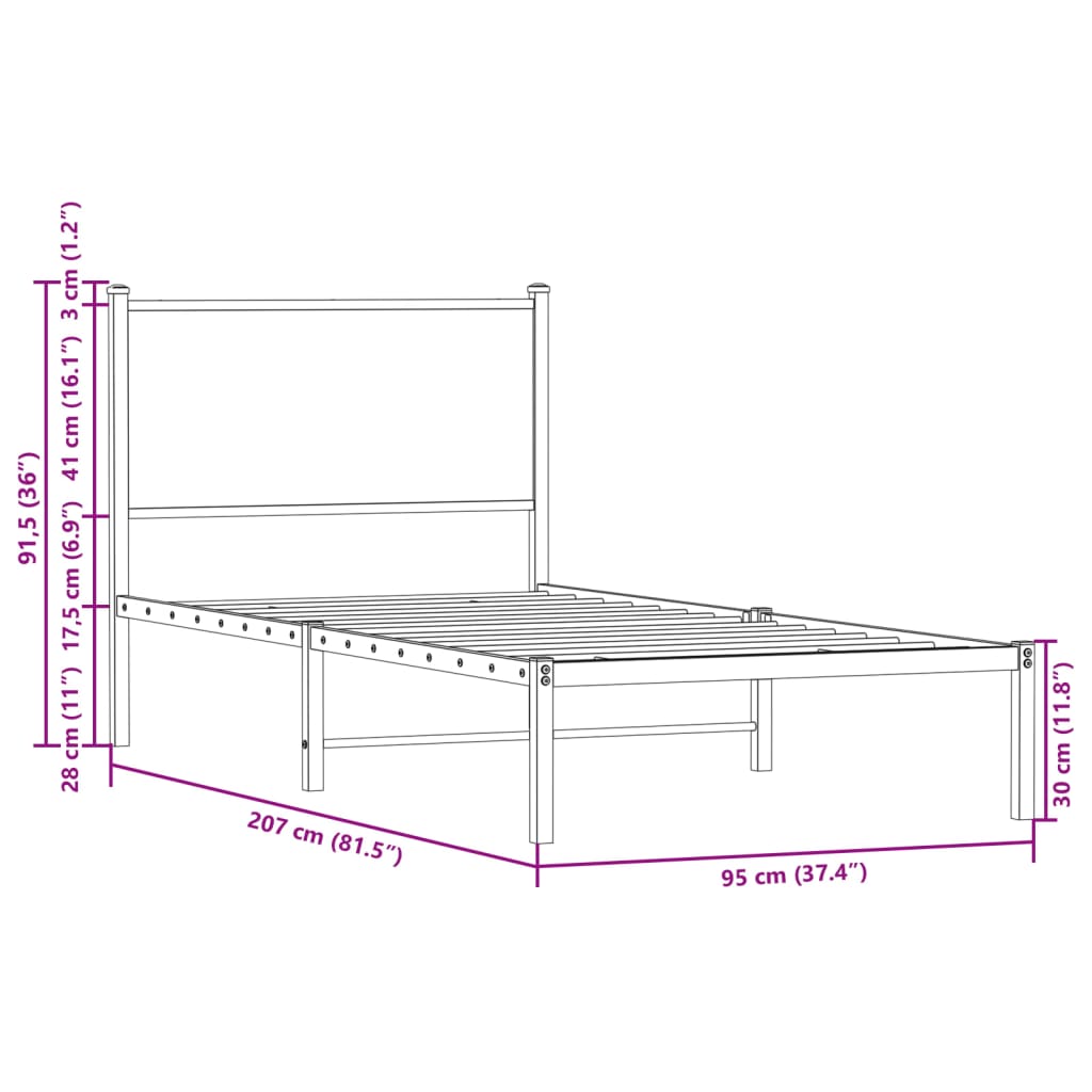 Cadre de lit en métal sans matelas chêne fumé 90x200 cm