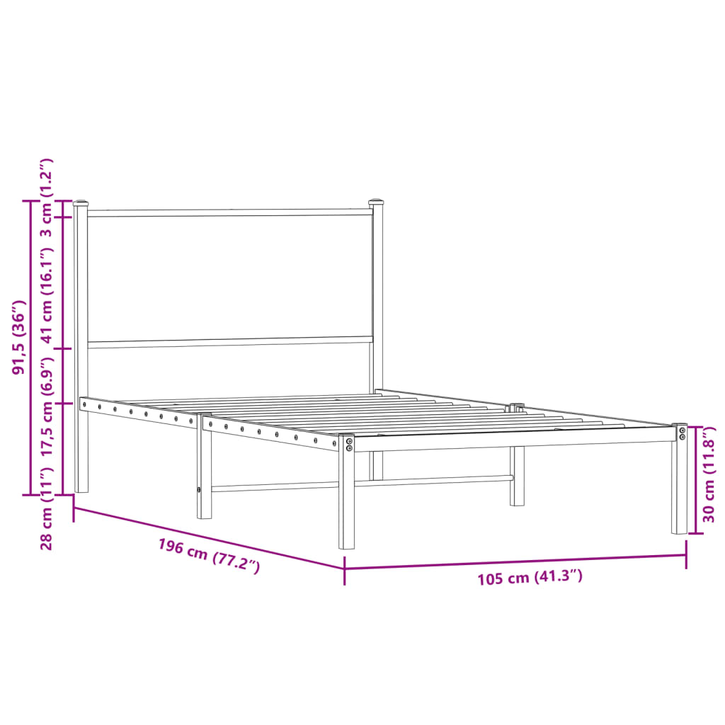 Cadre de lit en métal sans matelas chêne fumé 100x190 cm