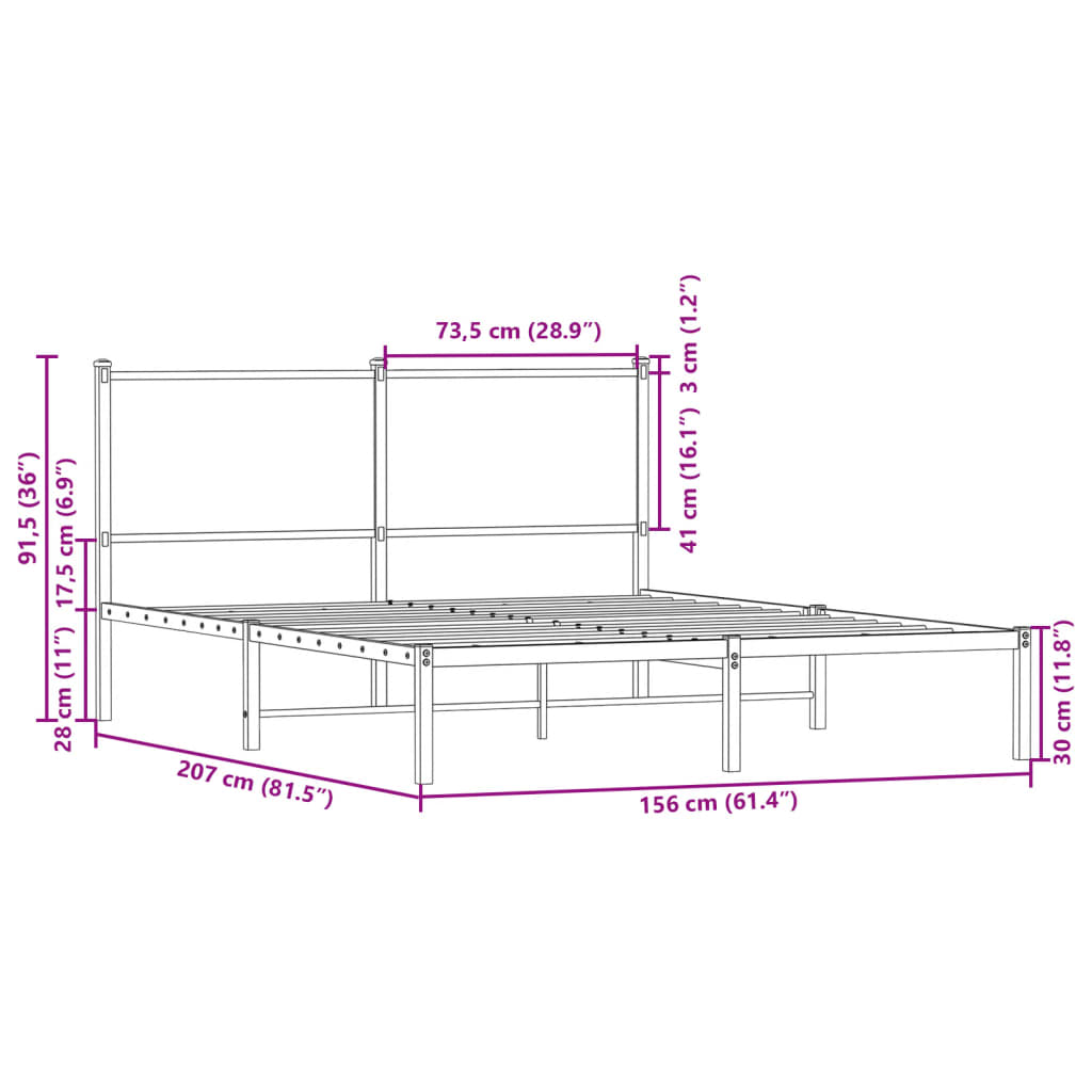 Cadre de lit en métal sans matelas chêne fumé 150x200 cm