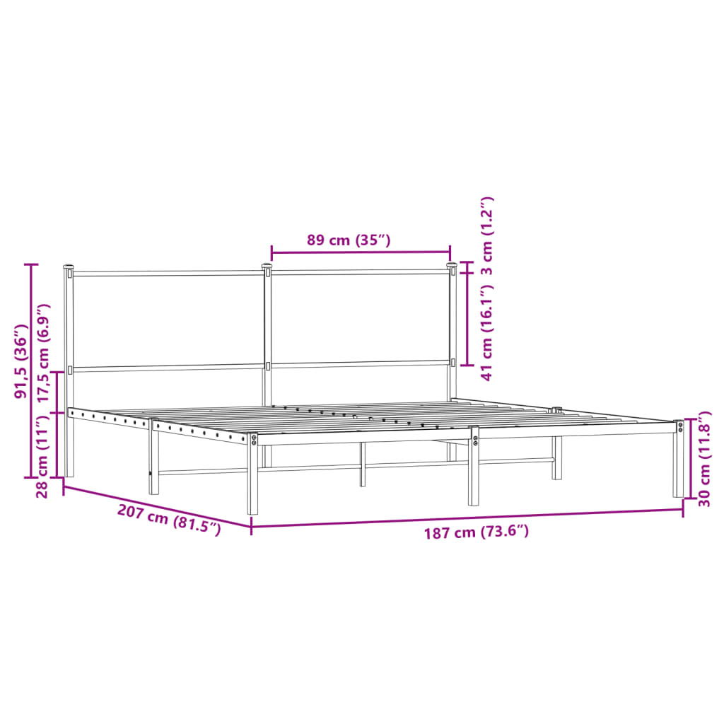 Cadre de lit en métal sans matelas chêne fumé 180x200 cm