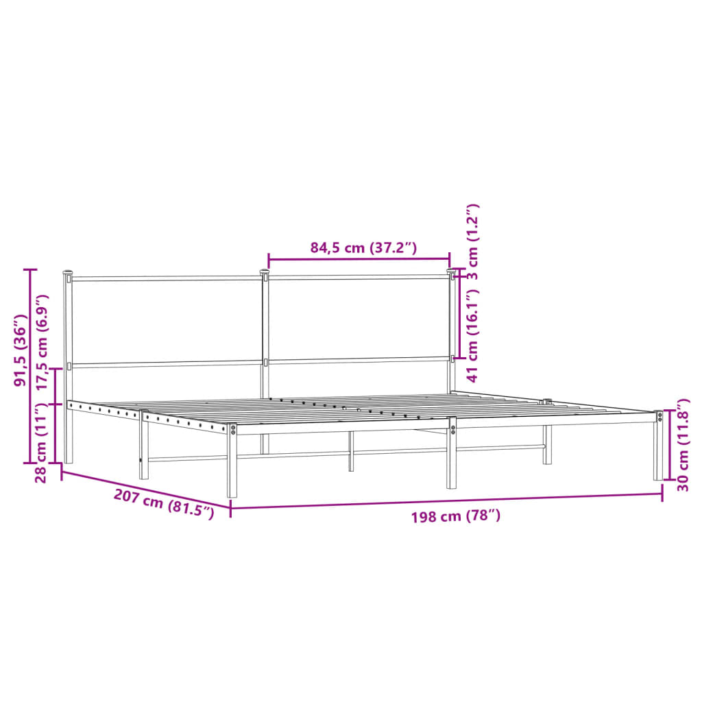 Cadre de lit en métal sans matelas chêne fumé 193x203 cm