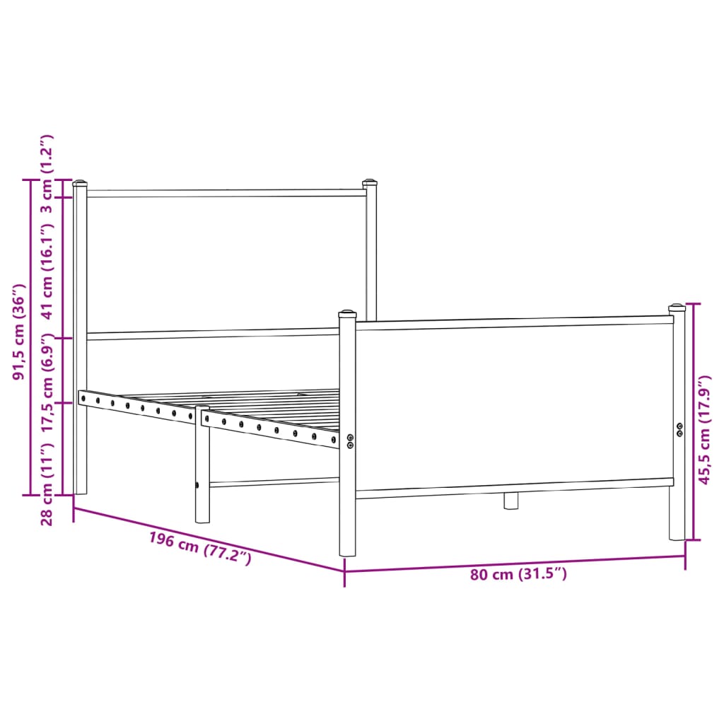 Cadre de lit en métal sans matelas chêne fumé 75x190 cm