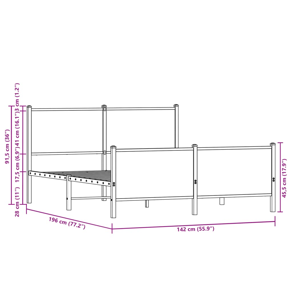 Cadre de lit en métal sans matelas chêne fumé 137x190 cm