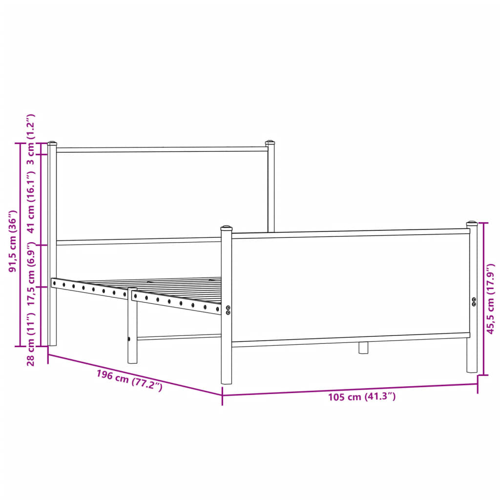 Metallbettgestell ohne Matratze Sonoma-Eiche 100x190 cm