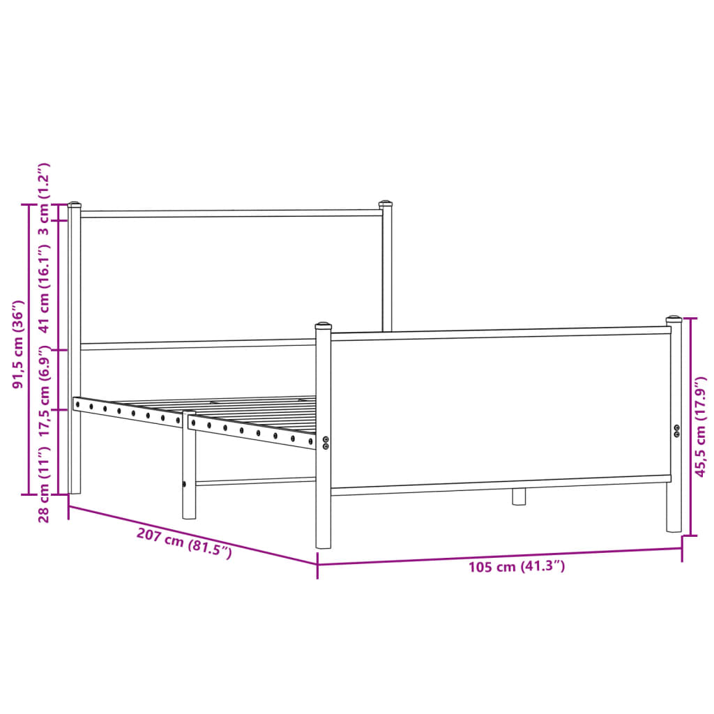 Metallbettgestell ohne Matratze Sonoma-Eiche 100x200 cm