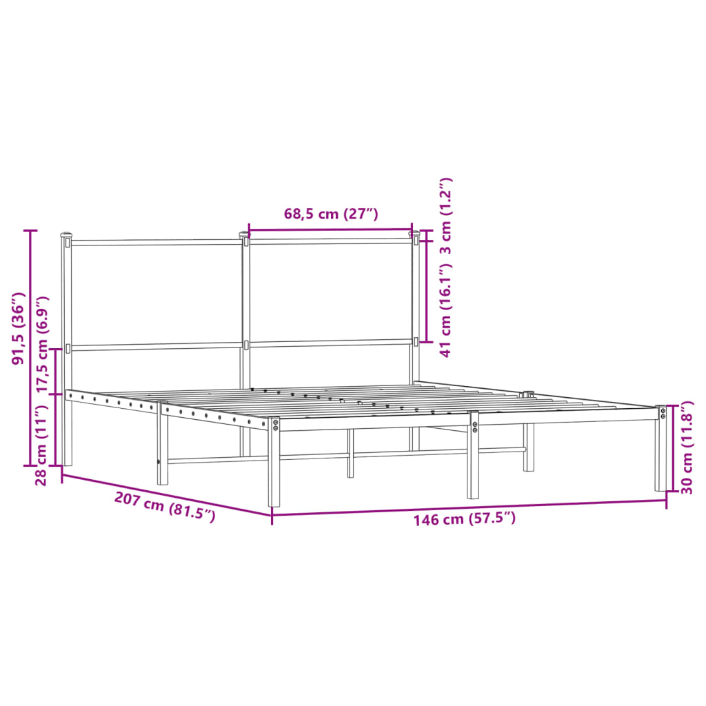 Metallbettgestell ohne Matratze, braune Eiche, 140 x 200 cm