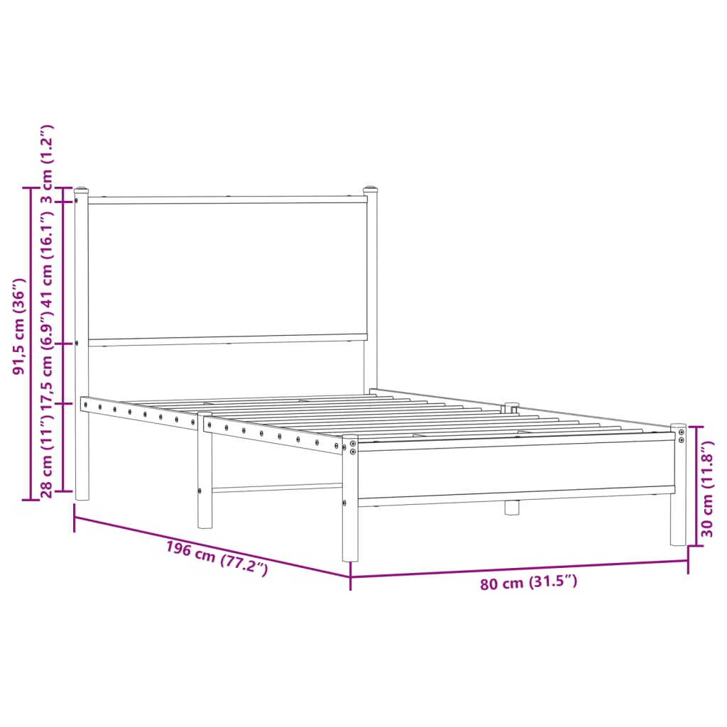 Cadre de lit en métal sans matelas chêne fumé 75x190 cm