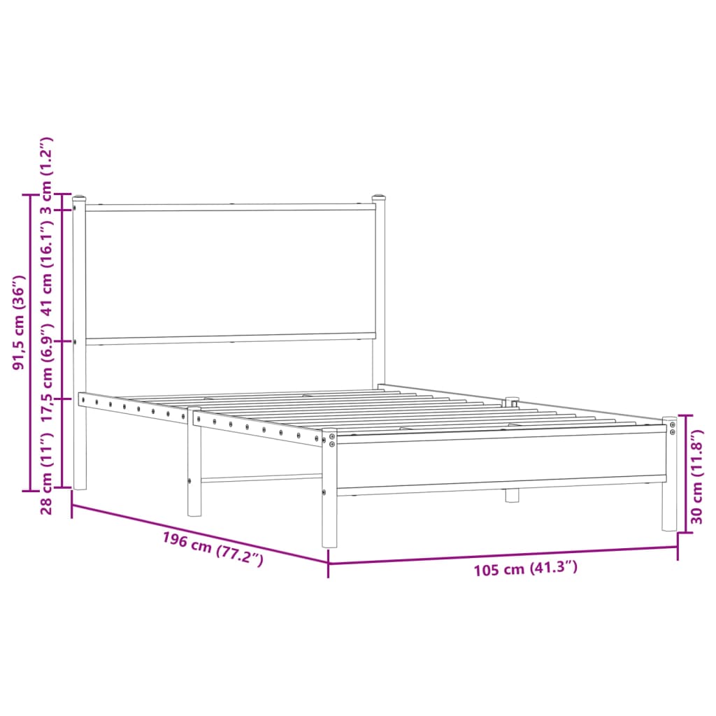 Cadre de lit en métal sans matelas chêne fumé 100x190 cm