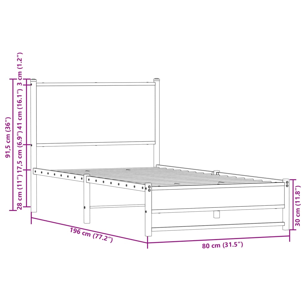 Cadre de lit en métal sans matelas chêne fumé 75x190 cm