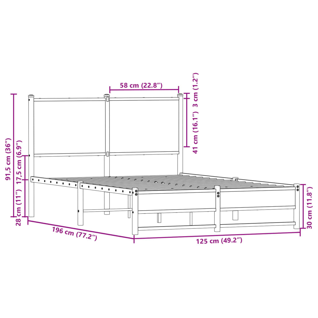 Cadre de lit en métal sans matelas chêne fumé 120x190 cm