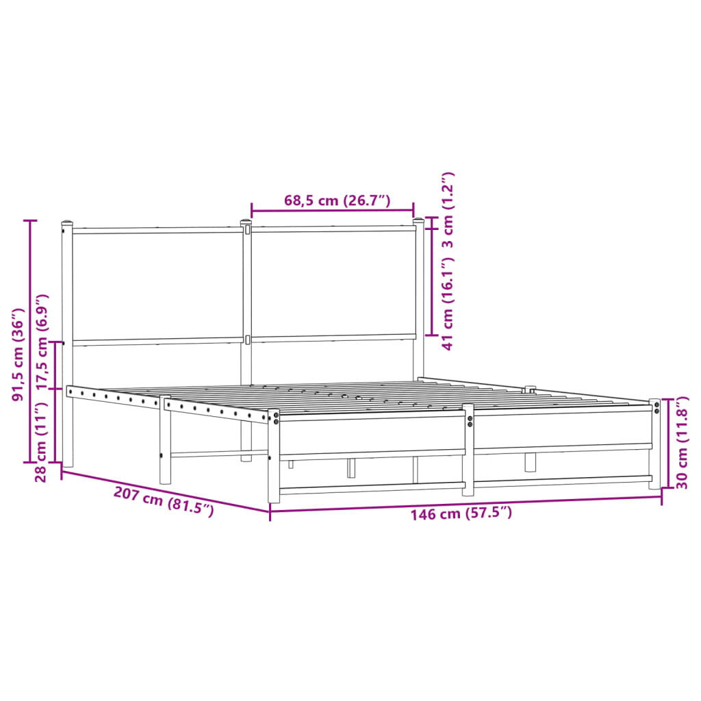 Cadre de lit en métal sans matelas chêne fumé 140x200 cm