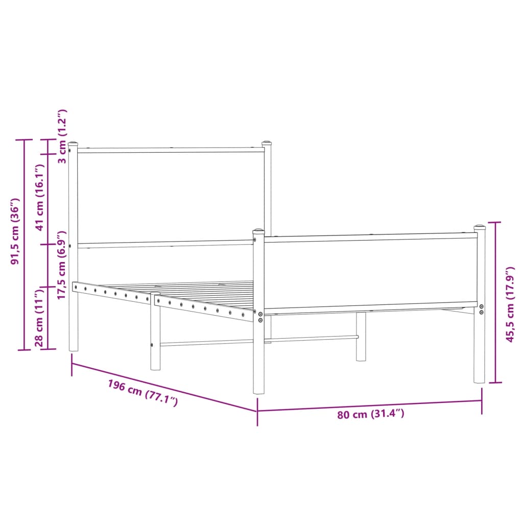 Cadre de lit en métal sans matelas chêne fumé 75x190 cm