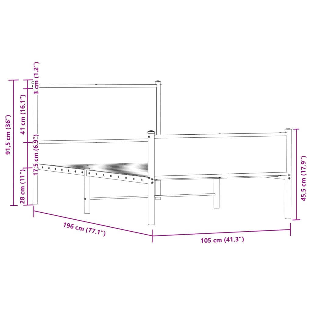 Cadre de lit en métal sans matelas chêne fumé 100x190 cm