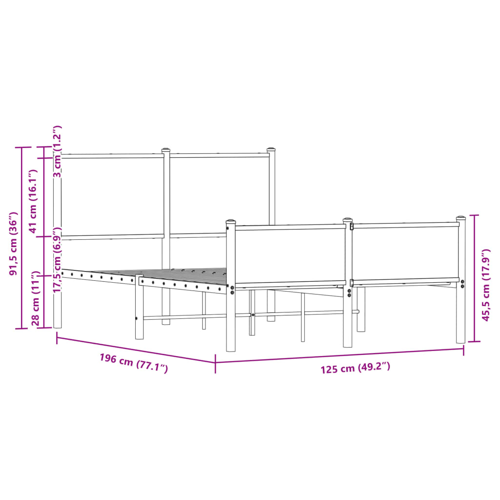 Cadre de lit en métal sans matelas chêne fumé 120x190 cm