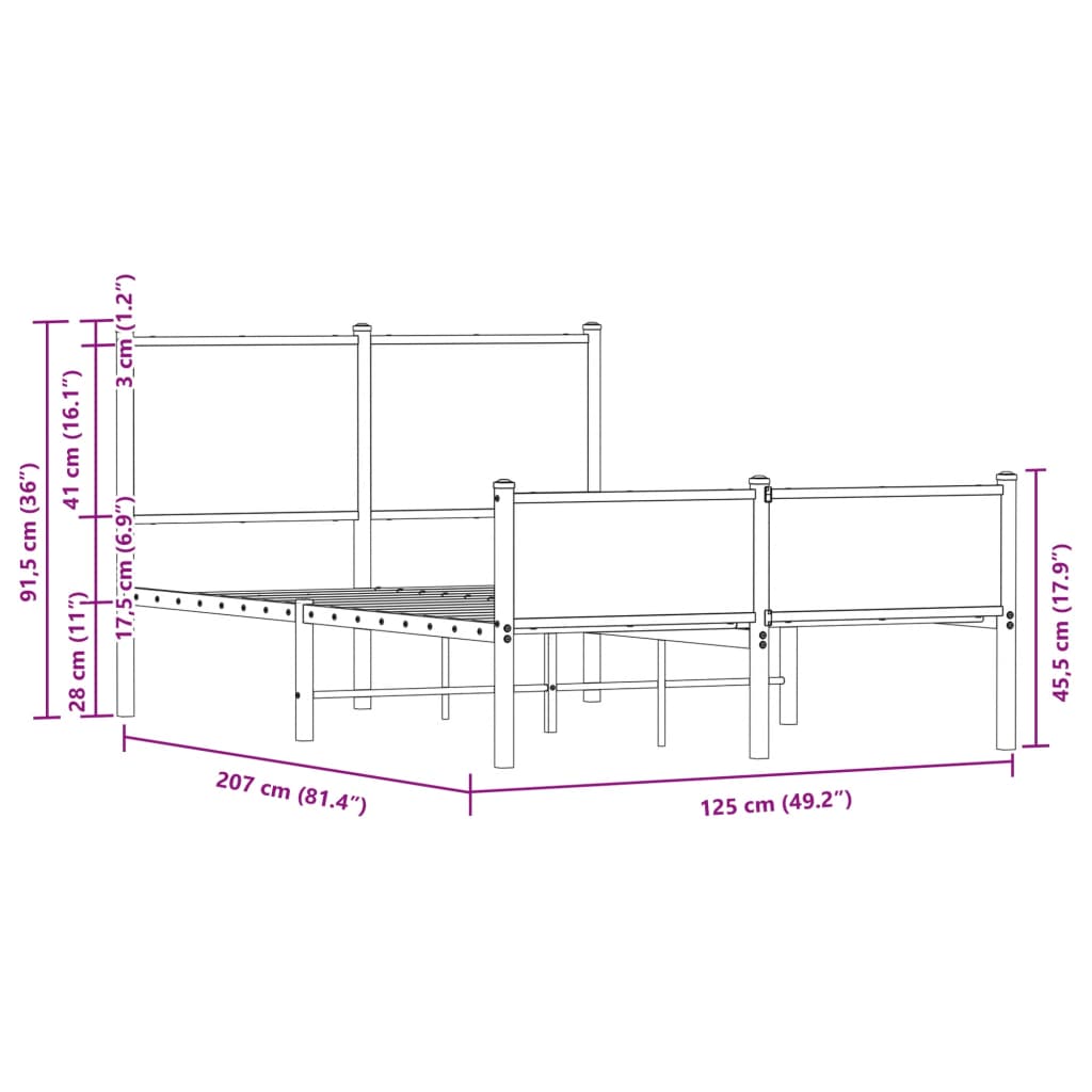 Cadre de lit en métal sans matelas chêne fumé 120x200 cm